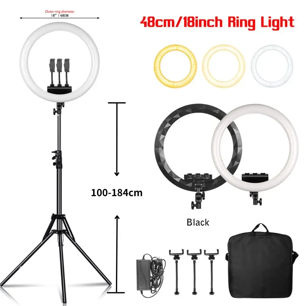 18 inch Flat Ring Light LED  Selfie Video Lamp With Tripod Stand Phone Clip For YouTube Live Lighting Photo Photography Studio