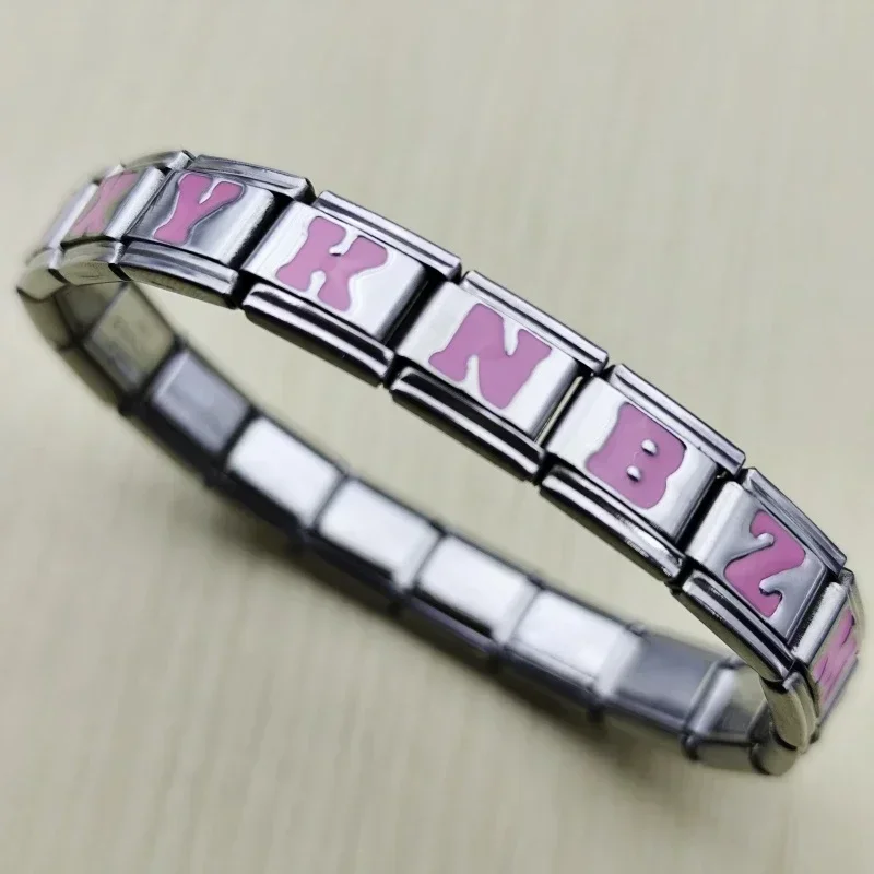 2024 novo aço inoxidável rosa 26 letras em inglês diy módulo italiano 9mm pulseira emenda charme auto vestindo corrente de mão presente