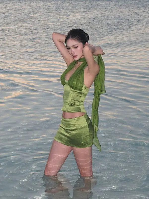 

een ter Ne Vest Top Beach Vaion Outfit ort Crop Top Waist Cinched Skirt Two Piece Set Women's Faion
