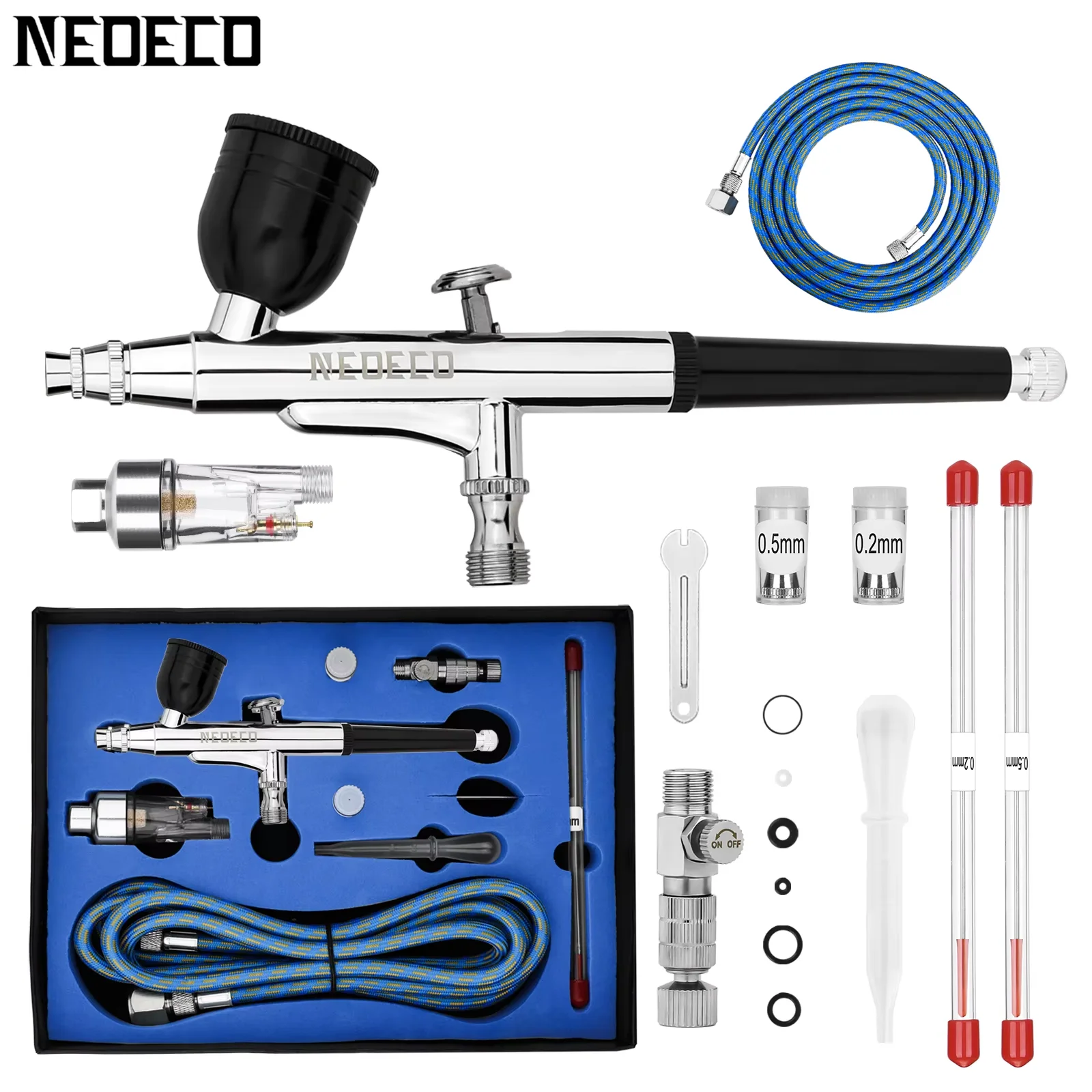 Präzisions-Dual-Action-Airbrush-Set mit 0,2/0,3/0,5mm Düsen-Nadel-Set, 1,8m Schlauch, Schnellkupplung, Feuchtigkeitsfalle und Komplettzubehör – Detail 1