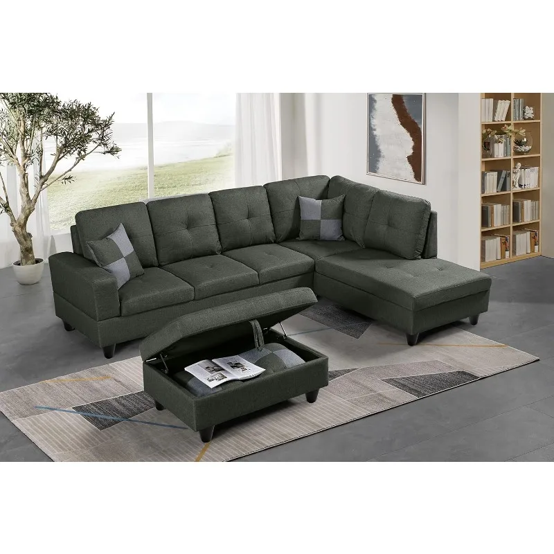 Modern 103" Sectional Sofa for Lving Room Couch Set with 3-Seat and Right Chaise Longue w/ 2 Pillows Storage Ottoman for