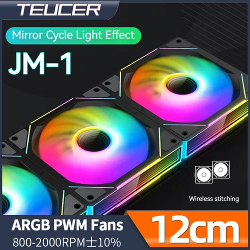 Teucer JM-1 Ventilador con cubierta de PC, ciclo de espejo ARGB 120mm 12v/4 pines PWM, chasis de bajo ruido, Ventilador de refrigeración por agua, paquete individual con Cable