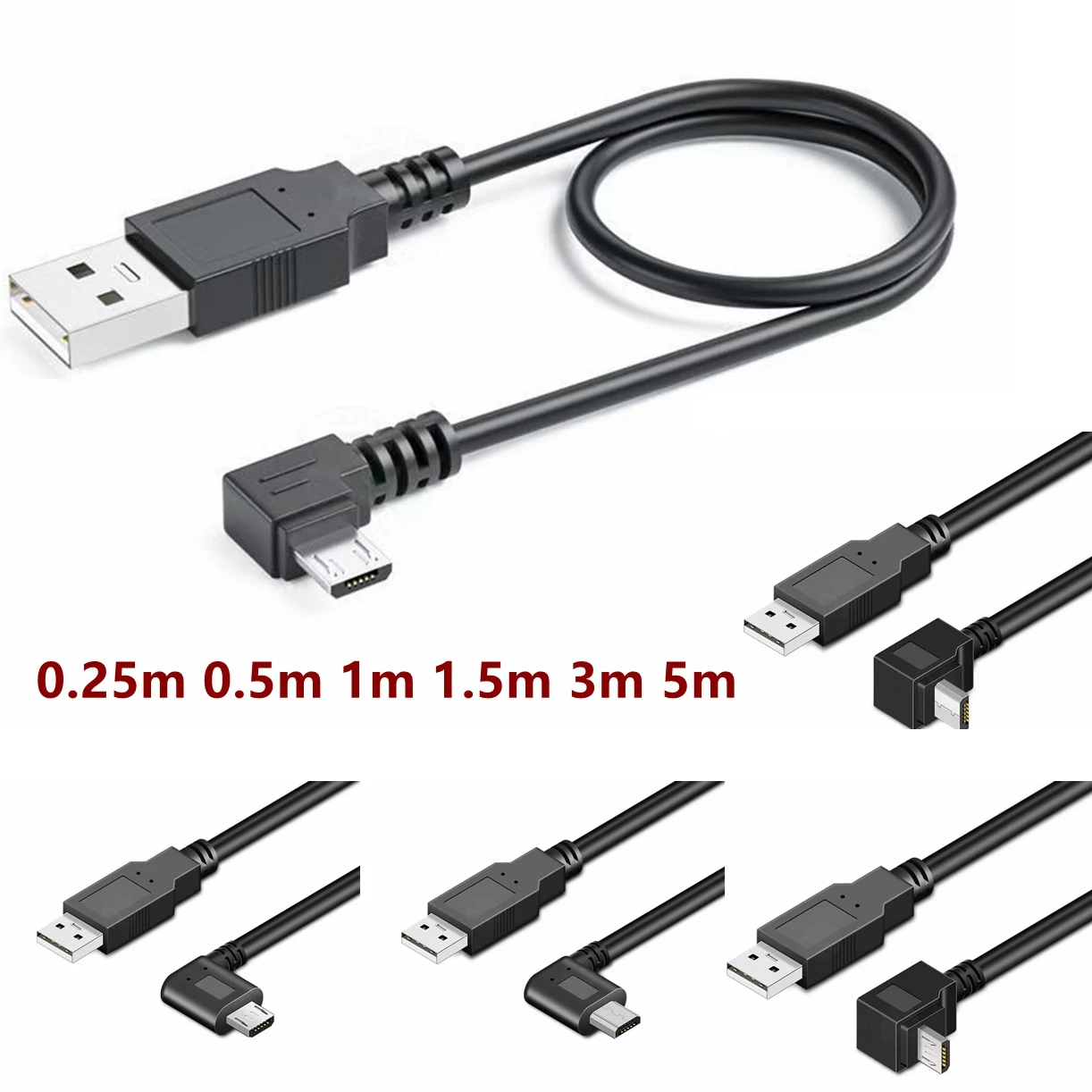 Cable conector Micro USB macho a USB macho, conector de carga de datos 2A, 5M, 3M, arriba, abajo, izquierda, derecha, ángulo de 90 grados, 25cm,