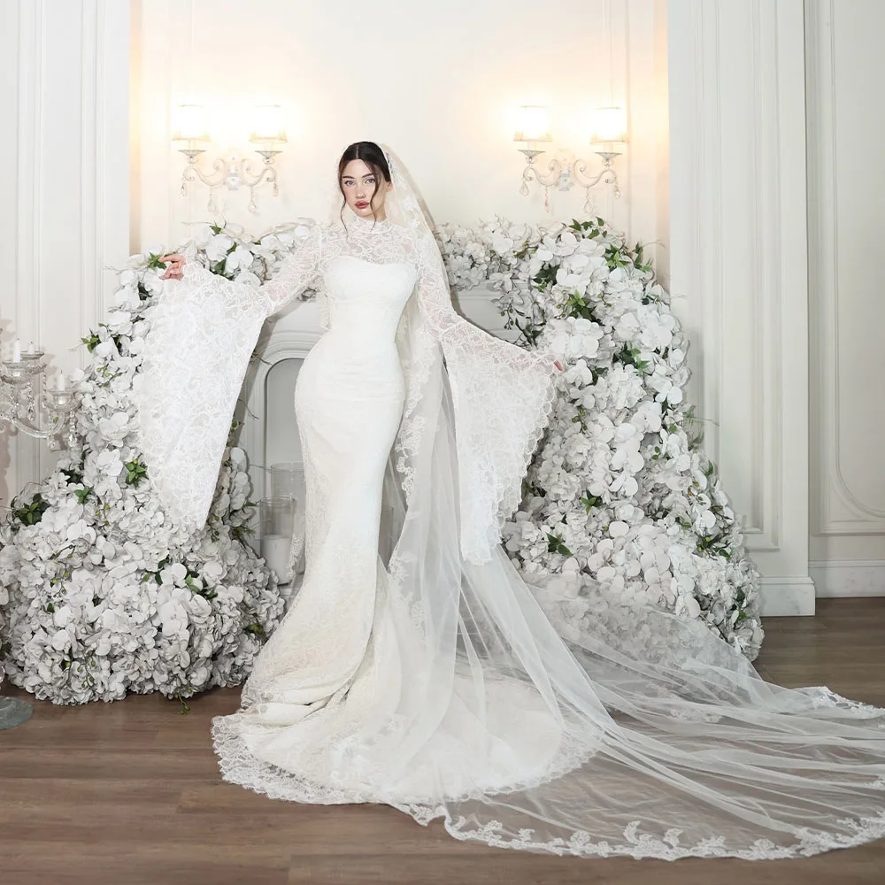 Elegant Lace Wedding Dresses High Neck Long Flare Neck Mermaid Bride Dress for Women Sweep Train Garden Bridal Gown Customized