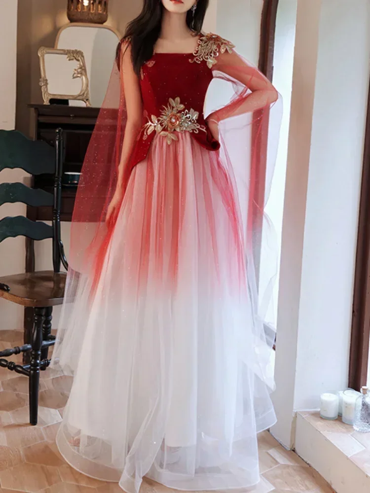 Customized Sleeveless Sling Evening Dresses Mesh Shawl Design Slim Waist Wedding Party Vestidos Elegant Ball Gown Appliques Long