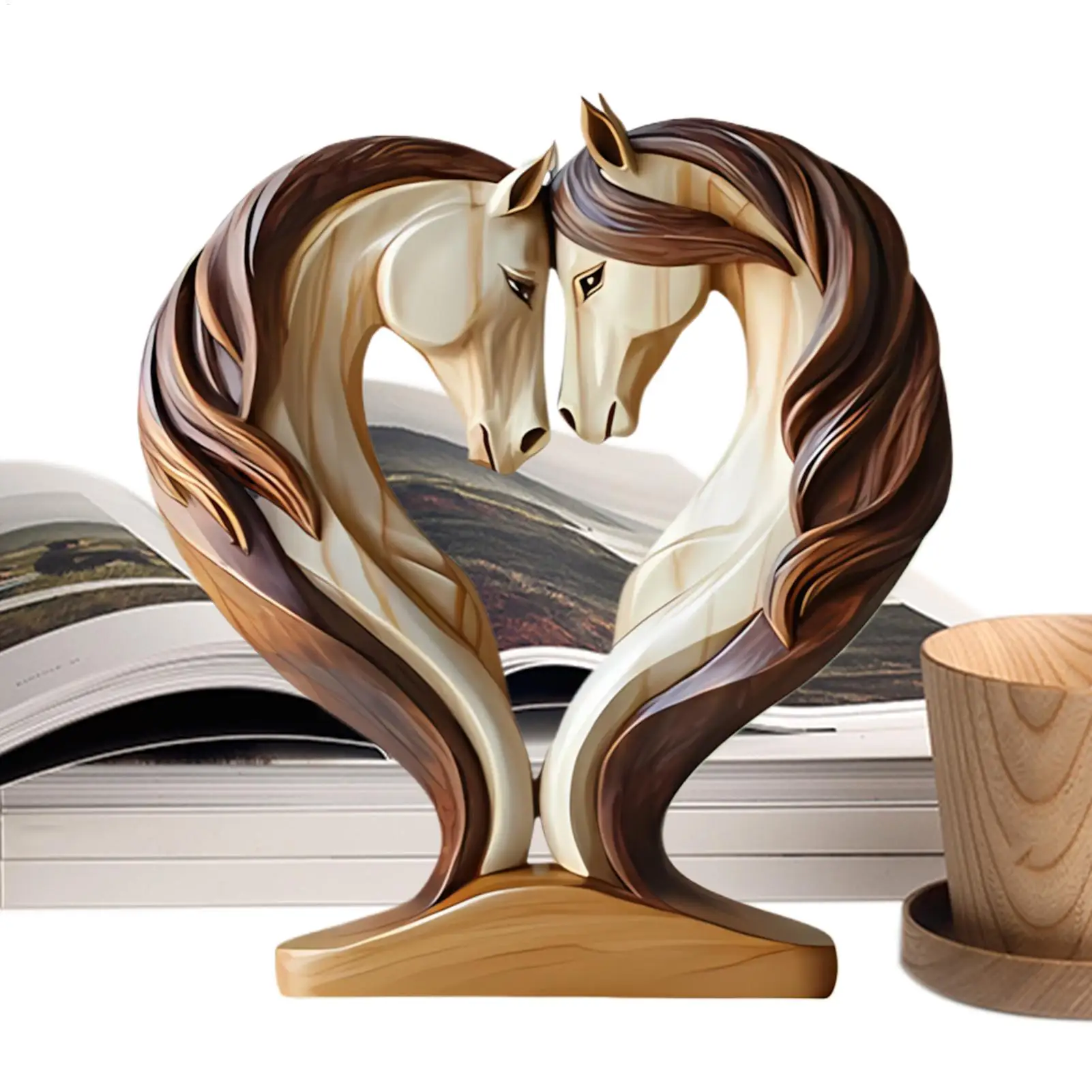 Horse Statues Home Decor 2D Wood Horse Room Decor Snuggle Pose Animal Sculpture for Workplace Exhibition Hall Shelf Living Room