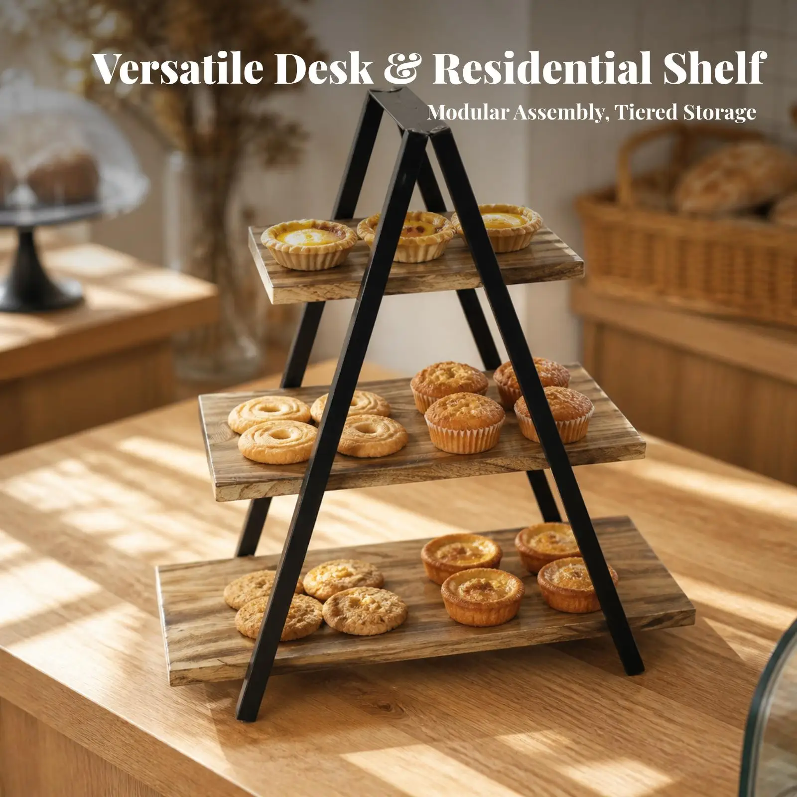 3 Tier Kitchen Countertop Organizer Shelf Multifunctional Wooden Desktop Shelf with Iron Frame Tiered 3-Tier Countertop