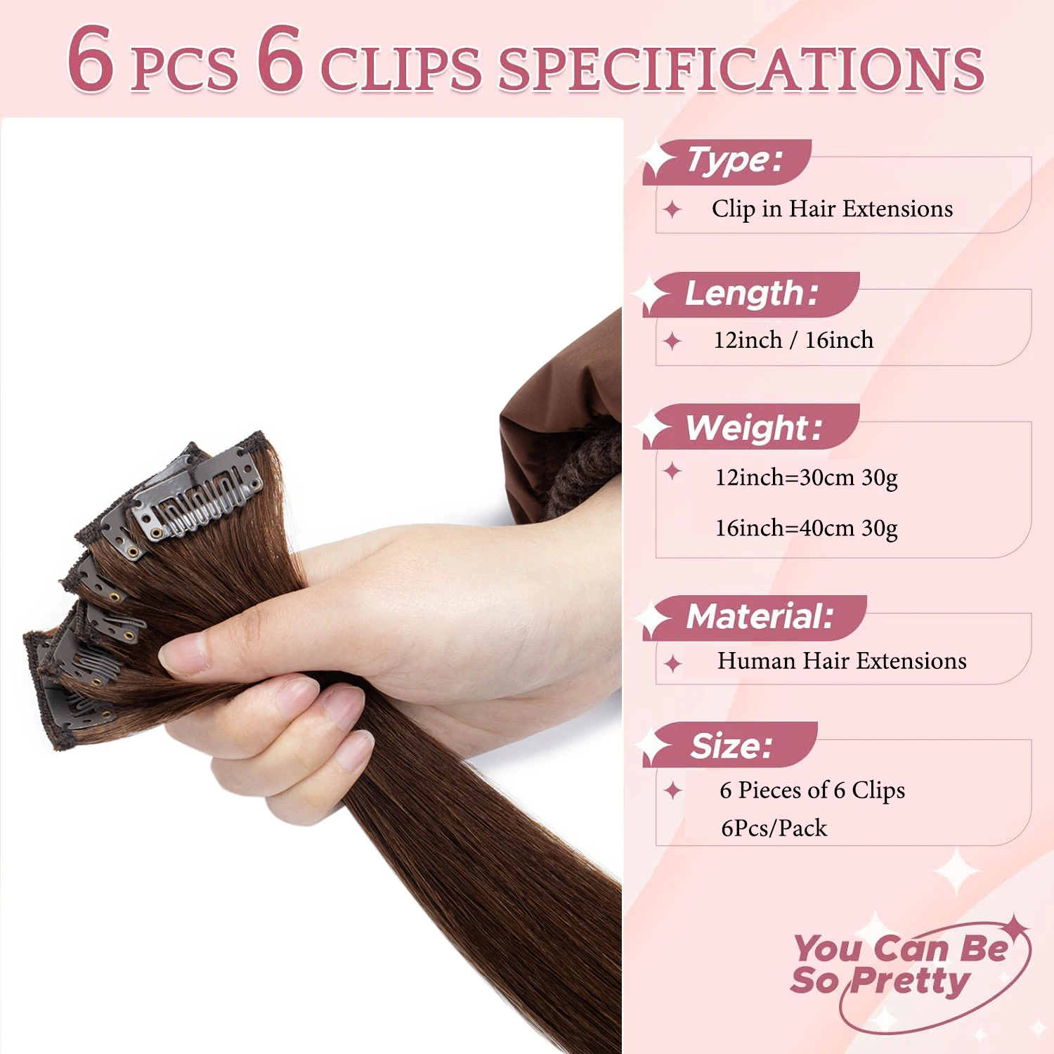 Natural Human Hair Clip-In Extensions12Inch & 16Inch 30g Per Pack Remy Women's Adds Length and Volume Daily Use Wear