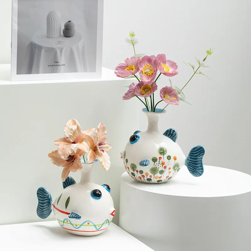 

Artistic Fish Design Ceramic Vase, Hand-Painted Dry Flower Holder, Contemporary Entryway Table Decor Piece