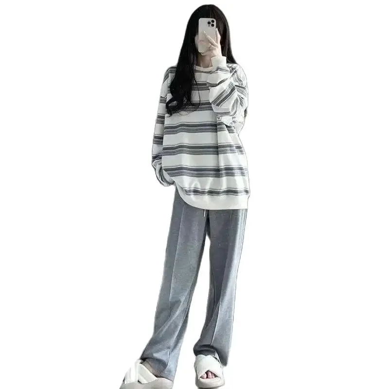 

Fashion Stripe Korean Summer Clothes 2024 Casual Sports Set Women's Sweater Wear a Full Set of Loose Wide Legs Two Piece Set