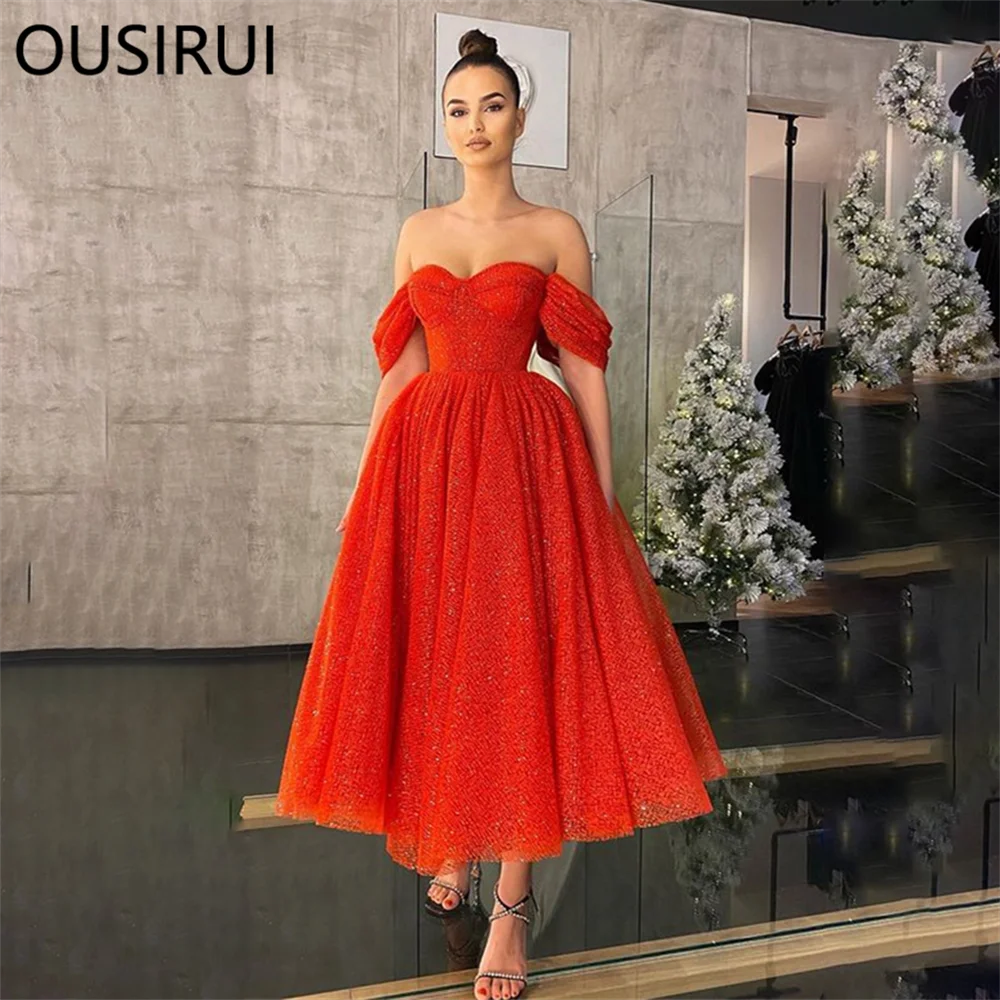 

OUSIRUI Off the Shoulder Shiny Puffy Prom Dresses A-line Backless Tea-Length Backless Formal Prom Party Gown vestidos de festa