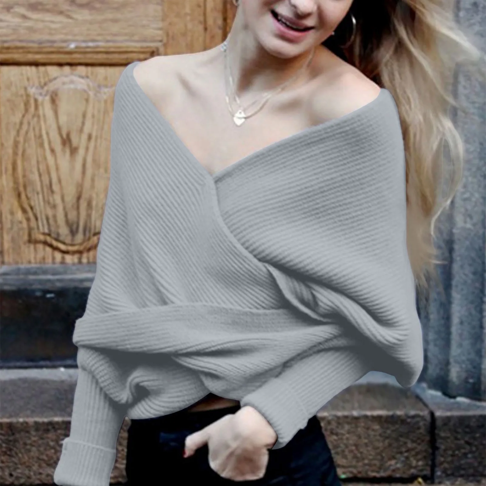 New Arrival Sexy Women V-neck Wrap Sweaters Scarf Fashion Knitted Off Shoulder Shawls Long Sleeve Warm Loose Female Scarves