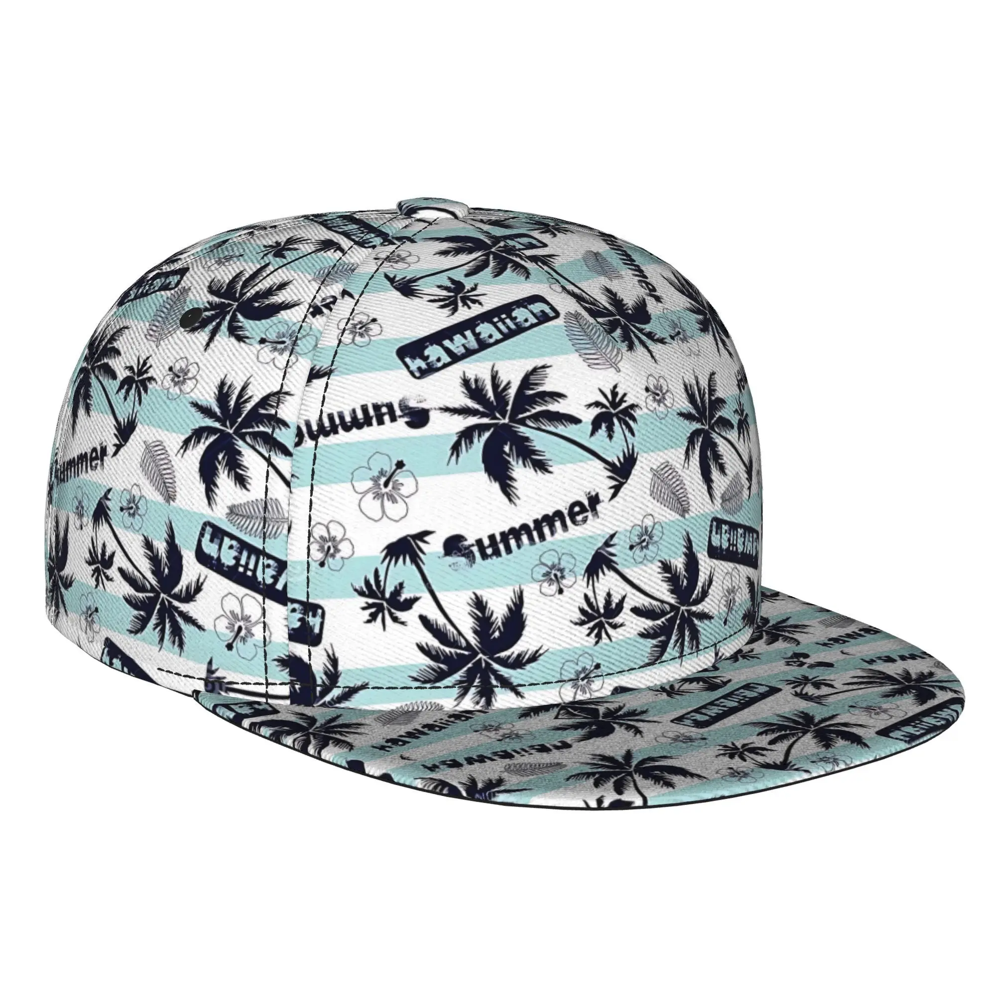 Hawaiian Summer Palm Pattern 1pc Fully Printed Hip-Hop Caps, Stylish Flat-Brimmed Baseball Caps, Sports Outdoor Casual Caps