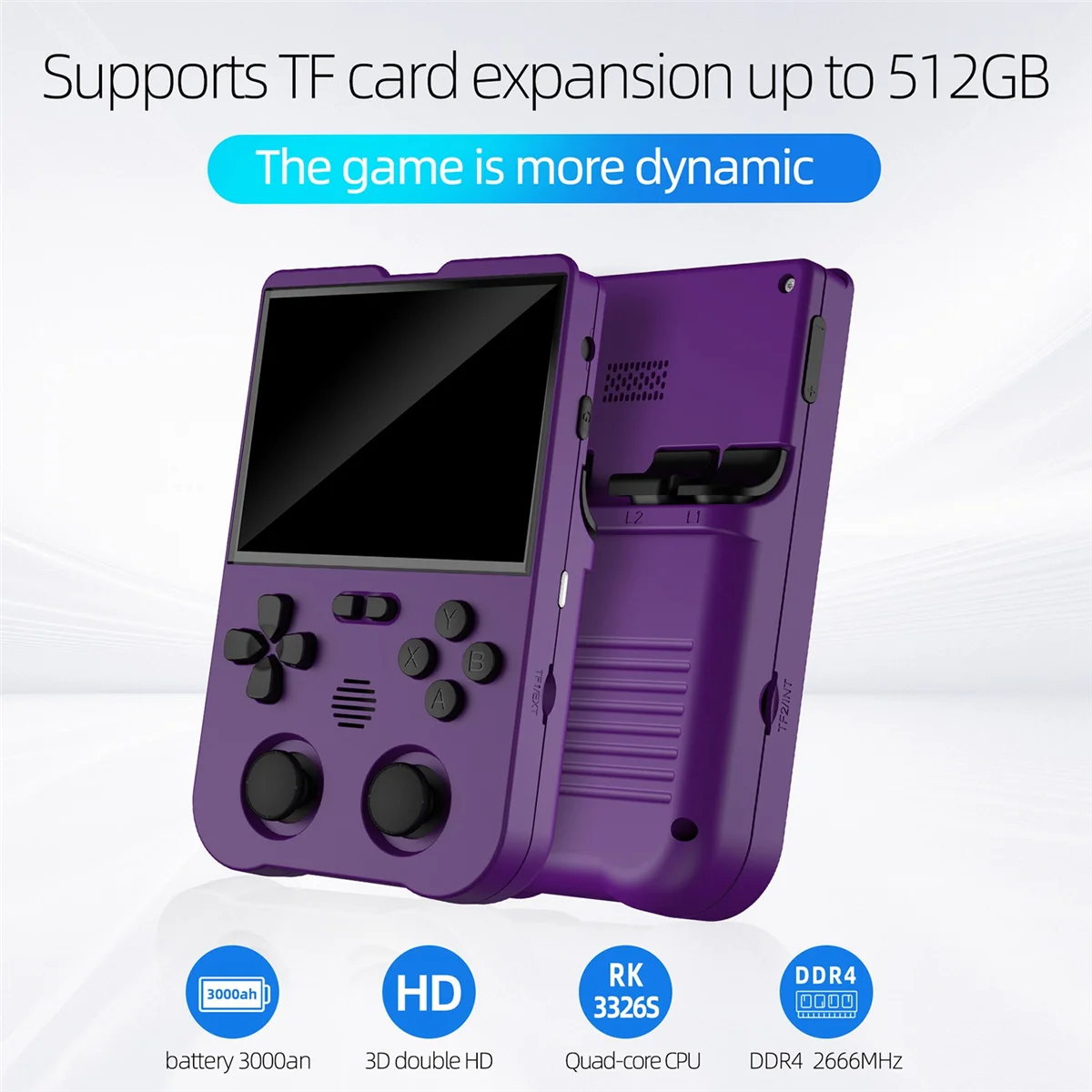 Xu10-retro console de jogo com 3, 5 polegadas tela ips, 64g arcade, joystick duplo, 3d, rk3326s, 64 bits, 3000mah, roxo