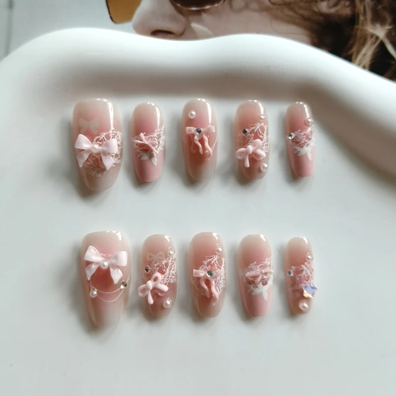 10Pcs French Style 3D Bowknot Rhinestone Lace Polka Dots Design Handmade Press on Nails Almond Shape Love Gentle Fake Nails view 4