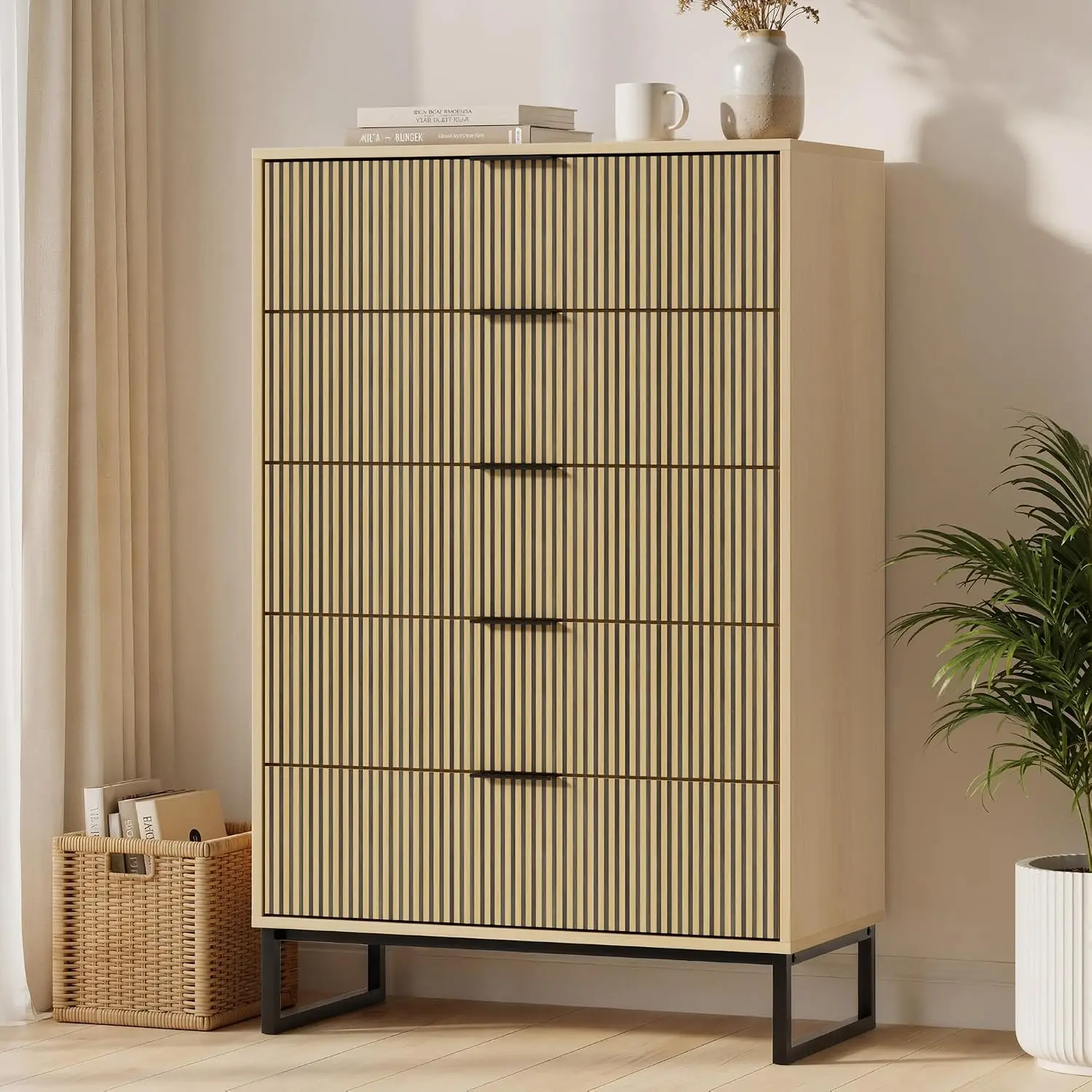 Walnut Dresser 5 Drawers Metal Handles, Bedroom Storage Organizer Striped Drawers, Cabinet for Living Room, Customized