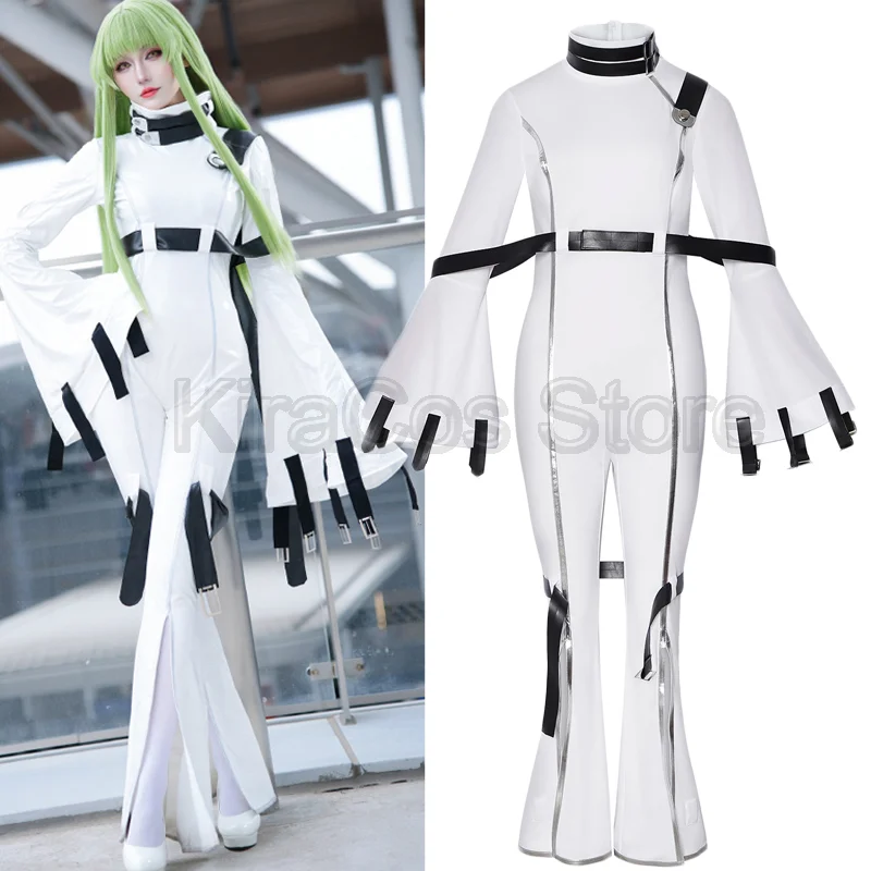 Disfraz de Cosplay de Anime Lelouch of the Rebellion C.C. Conjunto de mono ajustado blanco con cinturón para mujer, vestido para fiesta de Halloween