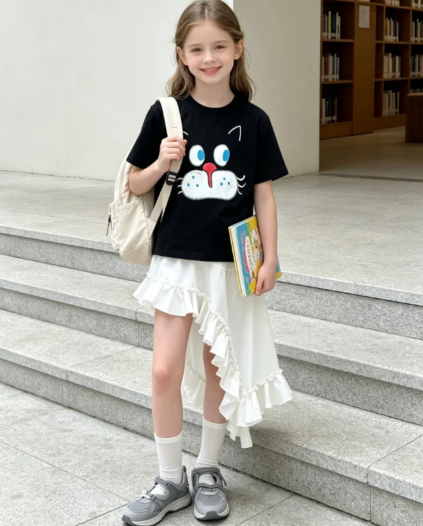 Girls Suit 2026 Spring and Summer New Children's Wear Girl Baby Printed T Shirt Lotus Hypotenuse Irregular Skirt Two-piece Set