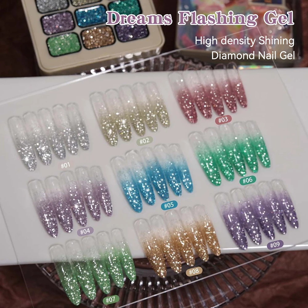 Vendeeni TPO HEMA FREE 9 Grid High Density Glitter Broken Diamond Gel Nail Polish Semi Permanent Flash UV Soak Off Gel Varnish
