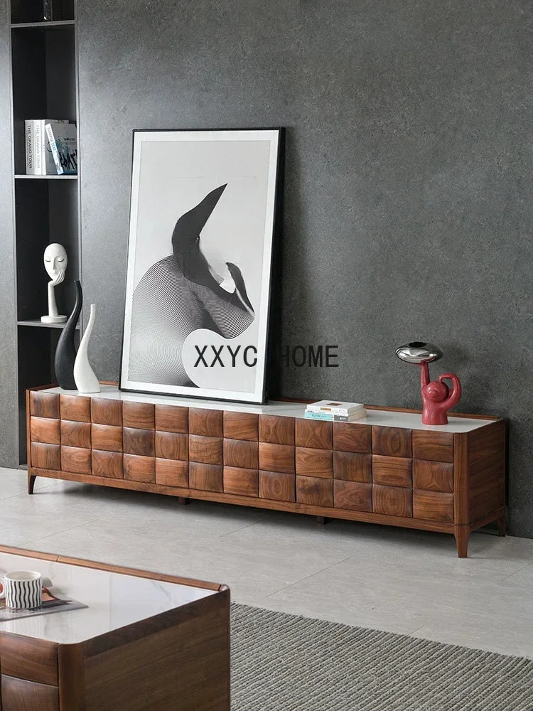 

North America Black Walnut Solid Wood Stone Plate TV Modern Minimalist New TV Stand
