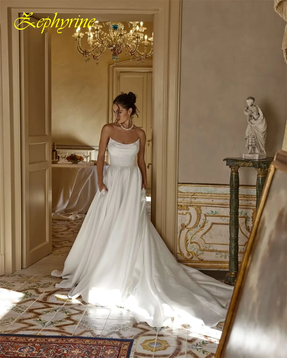 فستان سهرة بسيط مخصص بدون حمالات وفساتين مناسبة خاصة من الساتان الرسمي وفساتين زفاف بدون أكمام