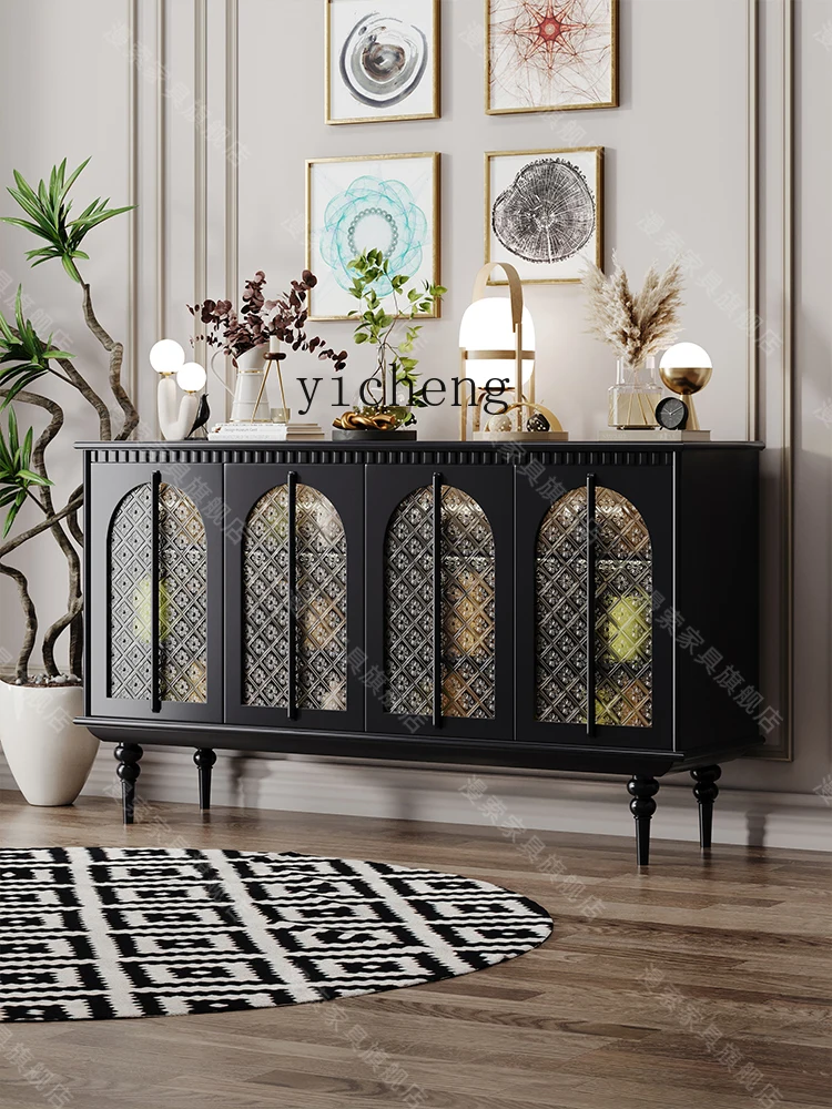 Yy French Style Entrance Cabinet Vintage Solid Wood Storage Curio Cabinet Glass Door with Induction Lamp