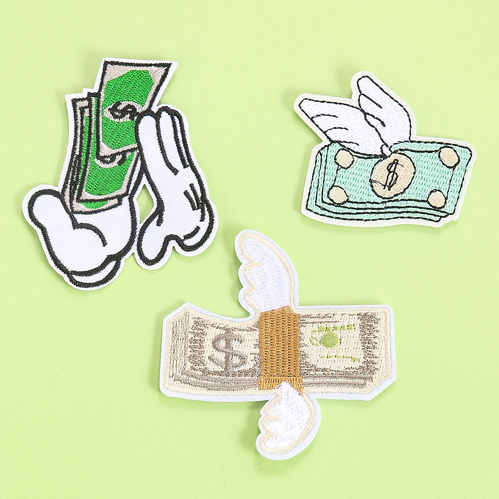 2pcs Embroidered Dollar Clothing Patch with Wings Large Size Bill Money Symbol Backpack Ironing Applique Shoes Hat Coat Badge