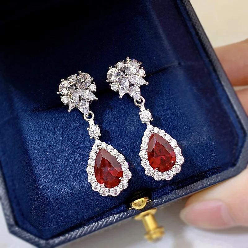 

7*10MM Ruby 925 Earrings Woman OL Style Sterling Silver Jewelry Anniversary Birthday Party Gift