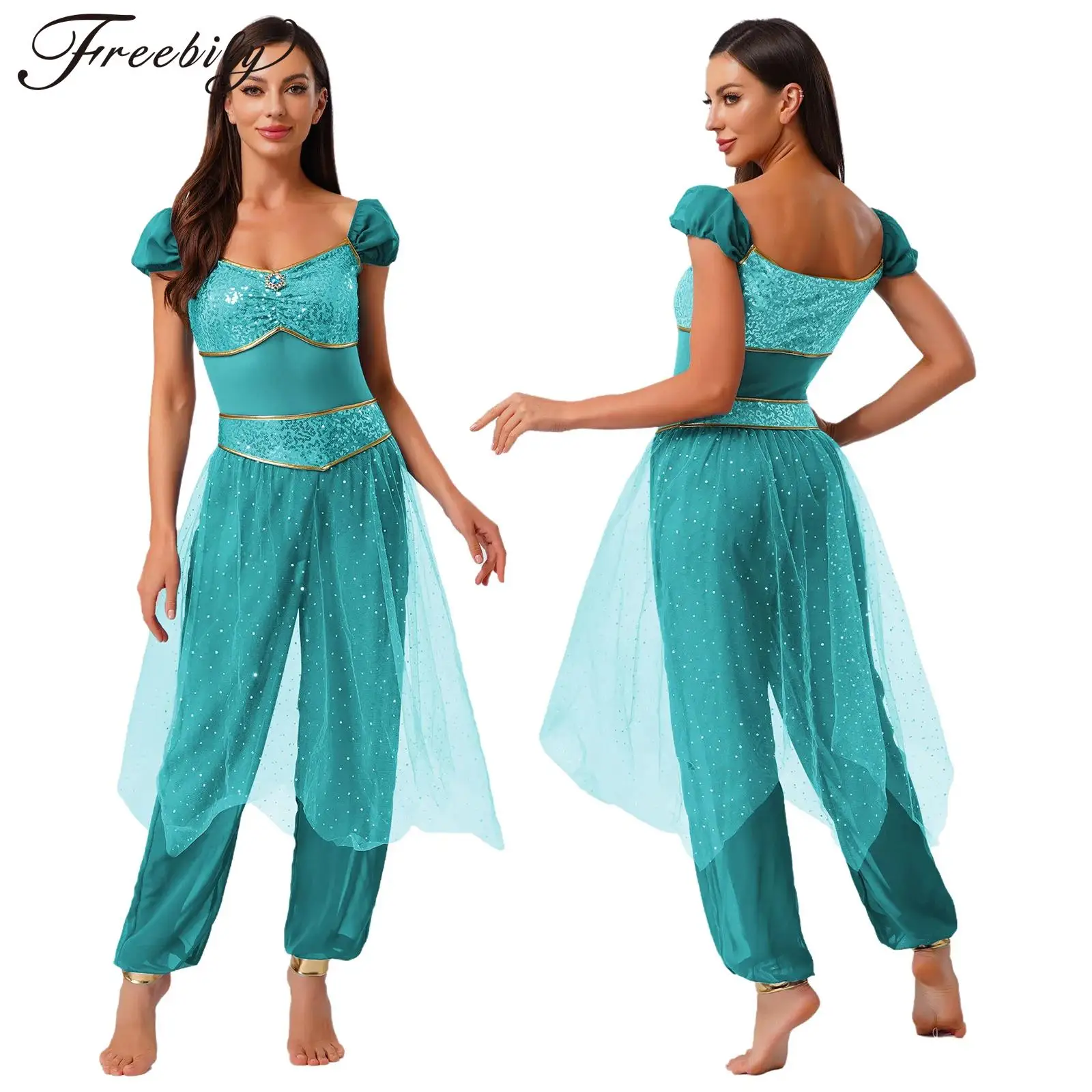 

Women Halloween Carnival Jasmine Princess Cosplay Costume Sequin Gem Tulle Overlay Jumpsuit Belly Dance Performance Clothes