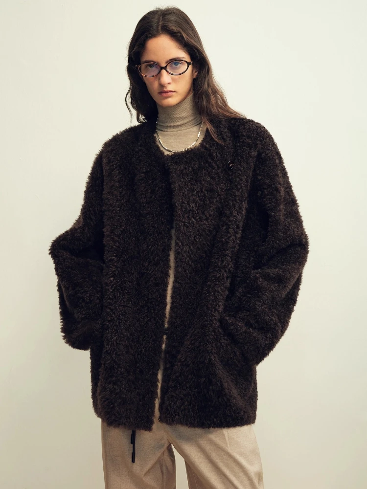 

High-end Luxury Merino Sheep Fur Jacket for Women Simple Casual O-neck Mid-length Winter Genuine Leather Real Fur Shearling Coat