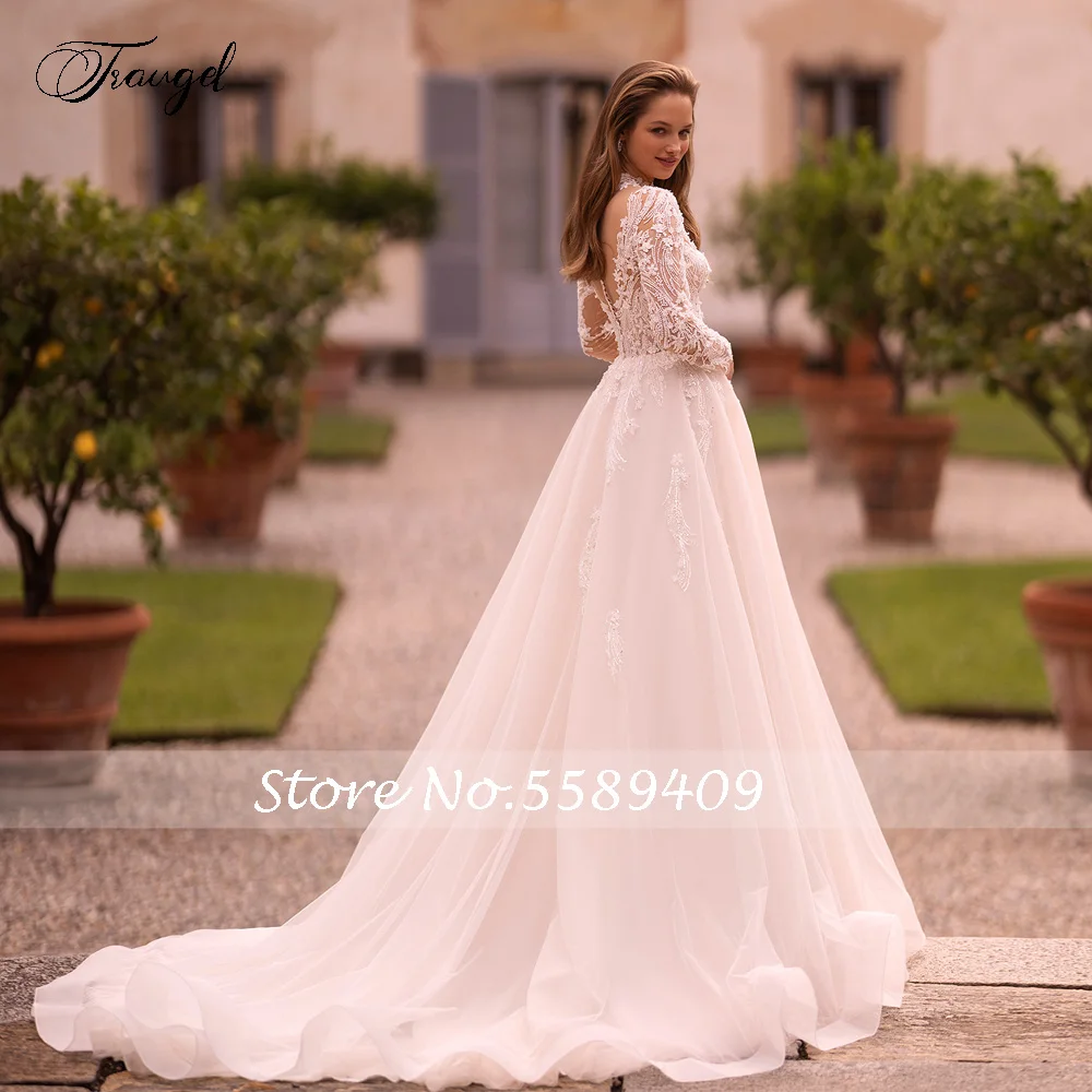 Traugel A-Line Gracful Wedding Dresses High Neck Long Sleeve Vestido De Novia Lace Appliques Charming Vintage Robe De Mariee