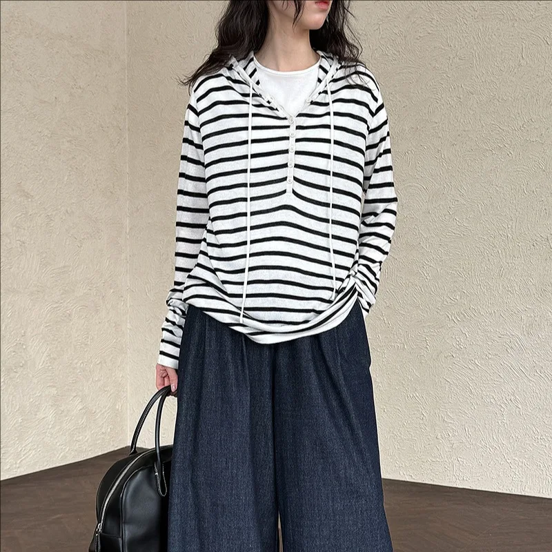 

Autumn new casual pullover top hooded striped knitted sweater women