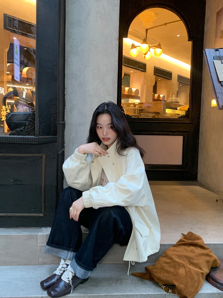 

Pusumede Casual Retro Stand Collar Jaet Women's Dstring Simple Zipper Outerwear Top Cotton Polyester Fiber Long Sve