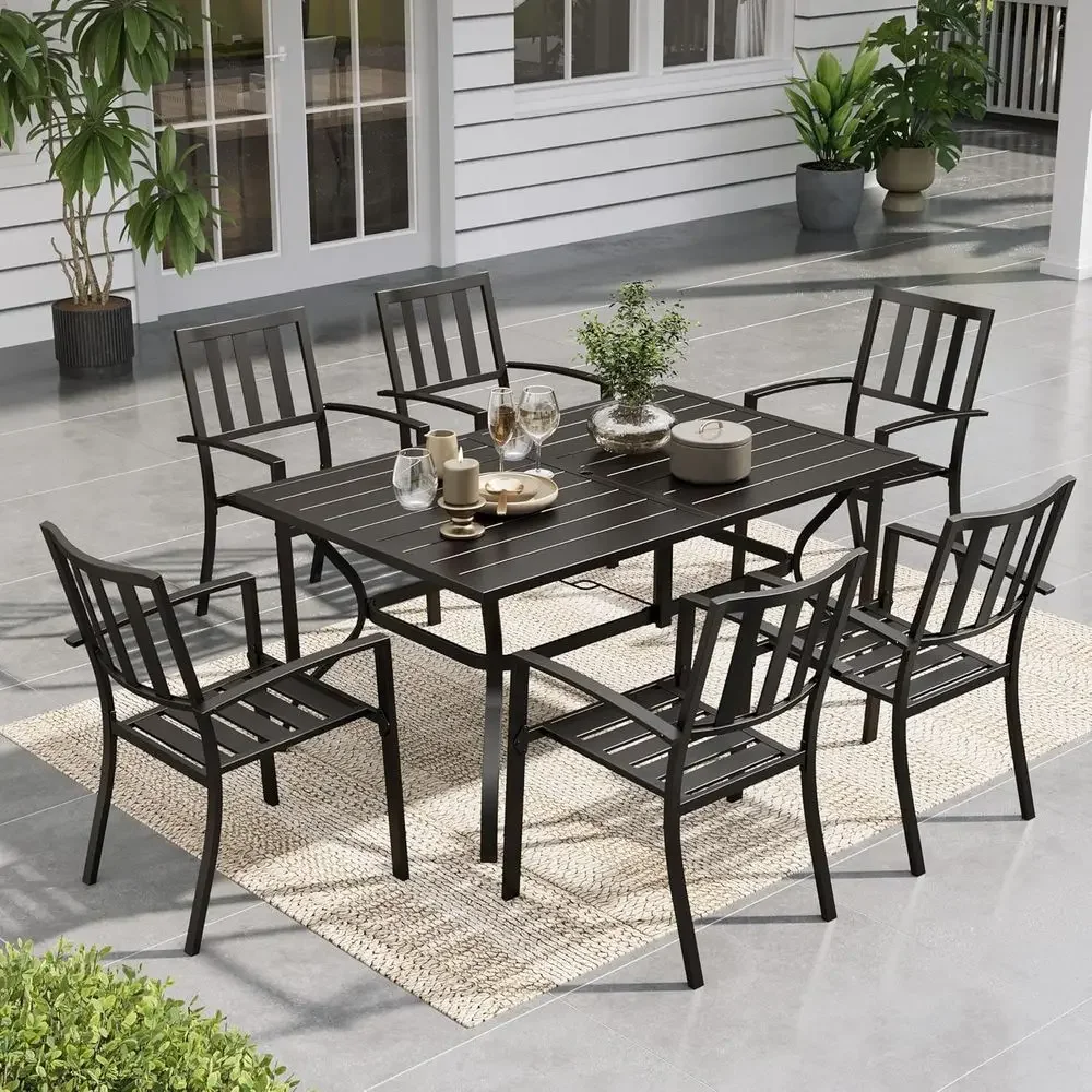 7-Piece Outdoor Dining Set with 60.2 Metal Table and 6 Stackable Chairs, 300 lbs Capacity, Black