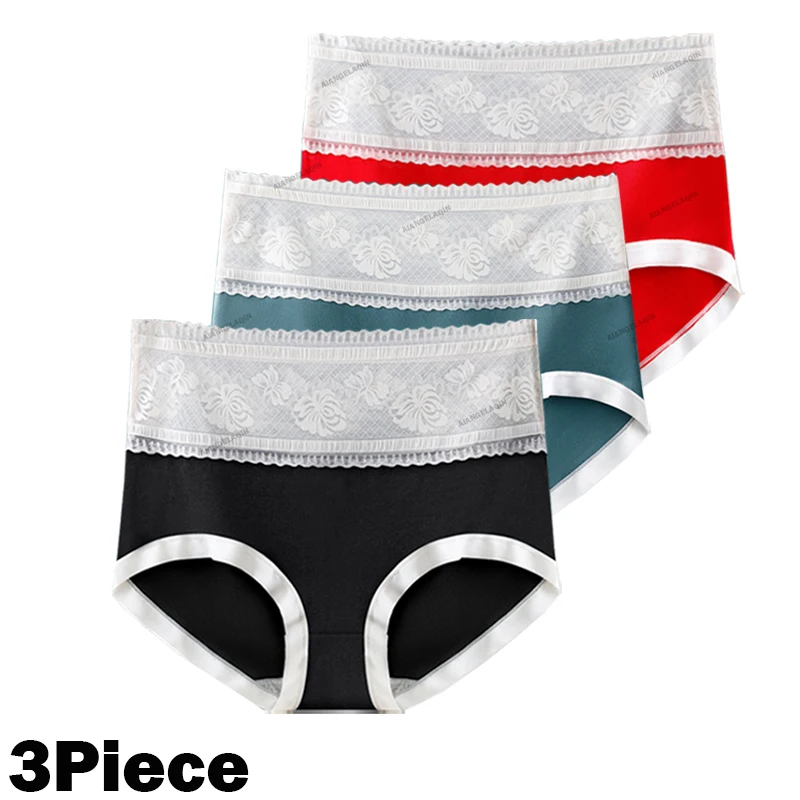3-teiliges Damen-Unterwäsche-Set mit Hoher Taille, Baumwolle und Spitze, Sexy Slips mit Graphen-Antibakteriellem Schritt, Weiche Transparente Höschen für Frauen