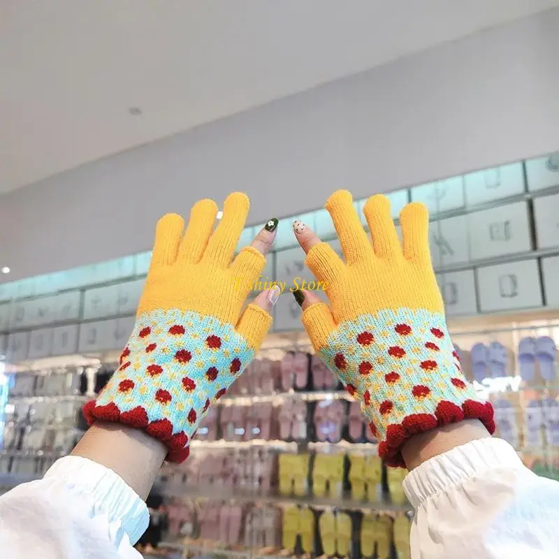 N58F Two-finger Exposed Knitted Gloves Printed Pattern Color Matching Thicken Mittens