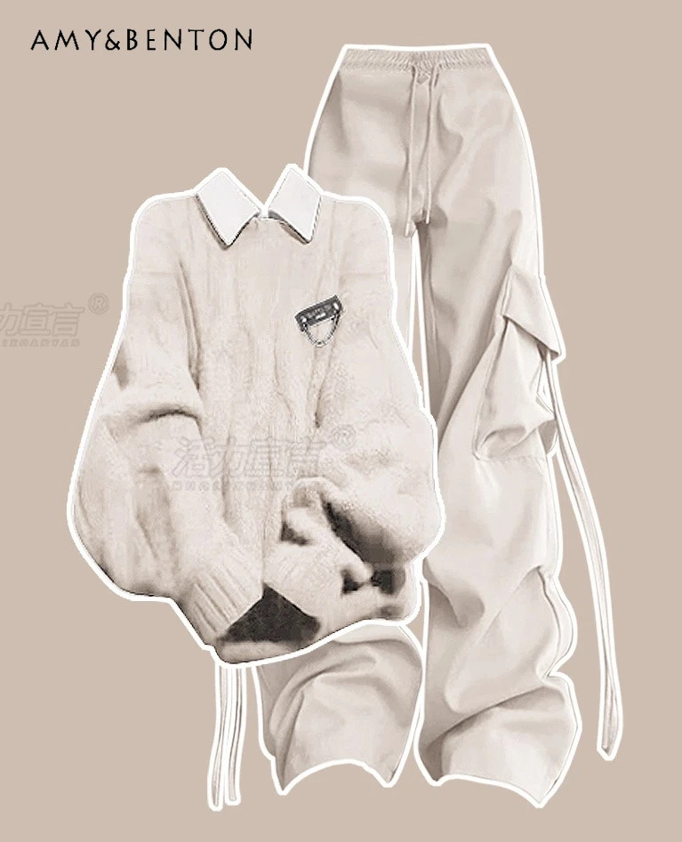 

2025 Autumn New Korean Style Daily Casual Wear College Style Apricot Long Sleeve Knitted Sweater Shirt Long Cargo Pants Set
