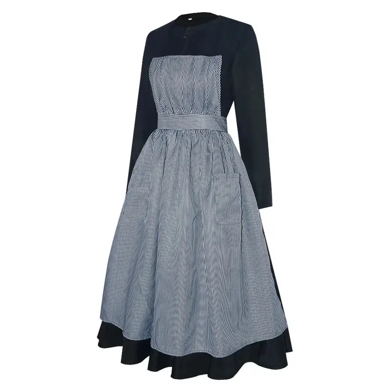 XT8Anime The Sound of Music Maria Cosplay Costumes Vertically Striped Apron Skirt Long Sleeve Black Ankle Length Dress for @XT6！