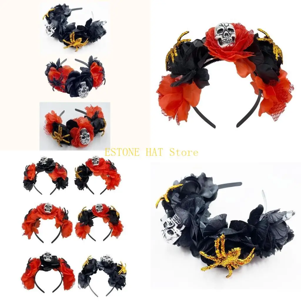 

49MF Halloween Spiders Skull Headband with Black Rose Party Wear Gift for Boys Girls