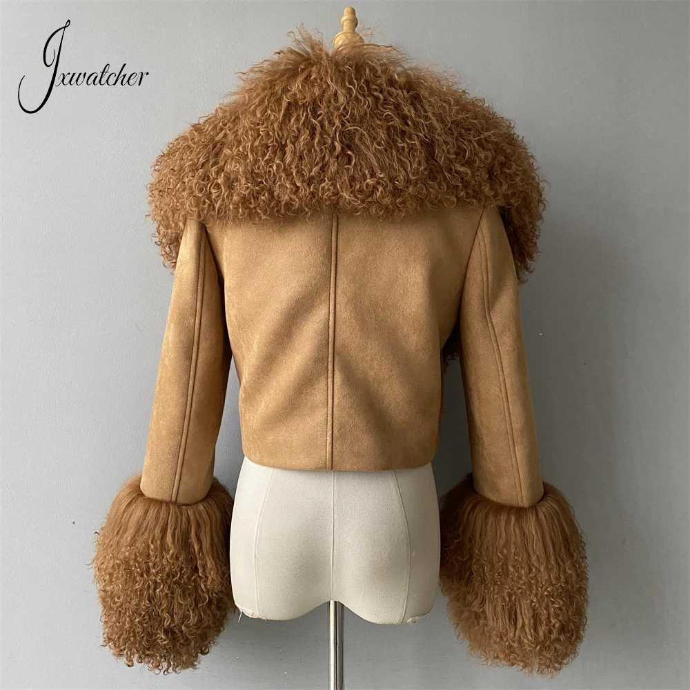 Jxwatcher 여성용 진짜 몽골 양 털 짧은 코트, 따뜻한 겨울 겉옷, 패션 가을 전체 소매 재킷, 신상