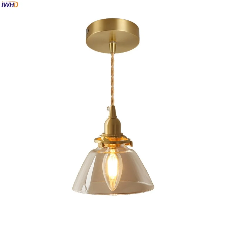

IWHD Amber Glass Small LED Pendant Lamp Bedside Living Room Loft Decor Interior Copper Modern Minimalism Pendant Light Luminaire