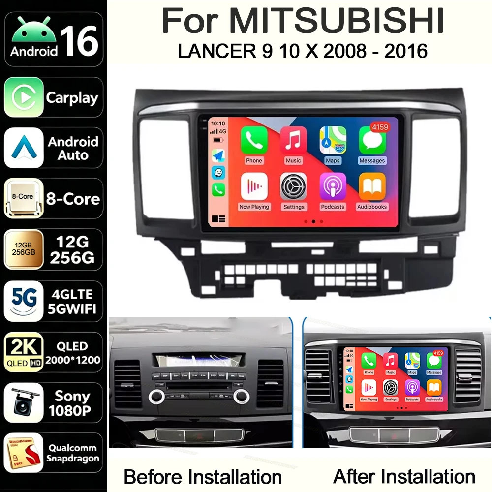 Android 16 CarPlay Android Auto For MITSUBISHI LANCER 9 10 X 2008 - 2016 Car Radio Stereo Navigation Multimedia Player Wireless