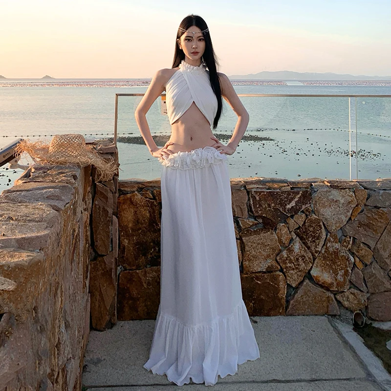 Elegant Vacation Outfit Women Sexy Cross-Neck Top Lace Trim Long Skirt Two-Piece Set Unique Design Ladylike Style Travel Style