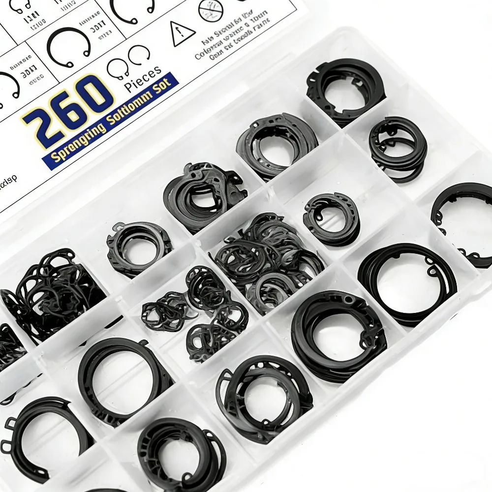 

Набор из 260 черных стопорных колец (E-образных и C-образных) 12 размеров (4-30 мм) с плоскогубцами 4-в-1 для обслуживания отверстий в валах