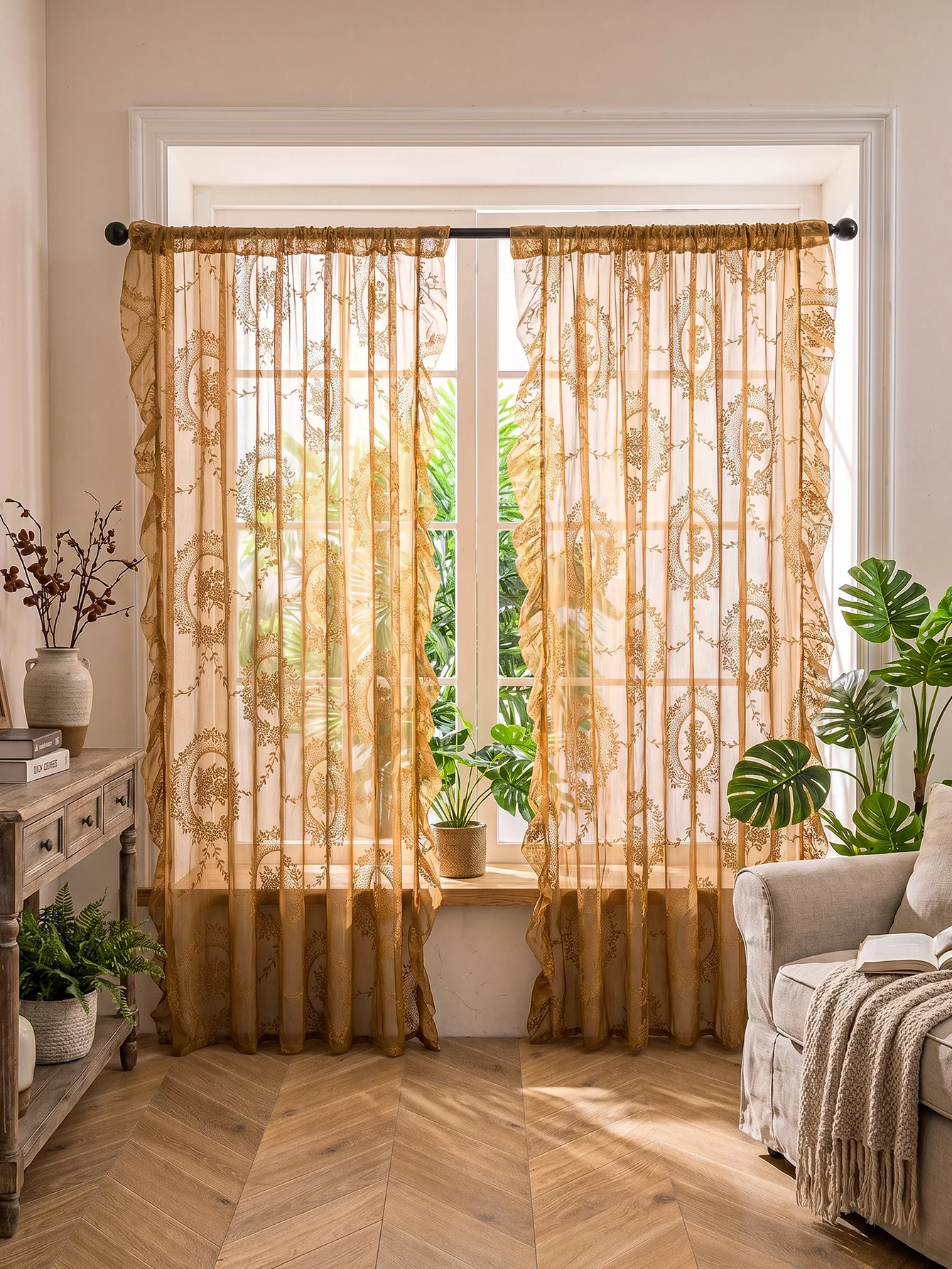 Vintage Golden Floral Lace Sheer Curtains, Ruffled Edge Rod Pocket Voile Curtains For Home Decor