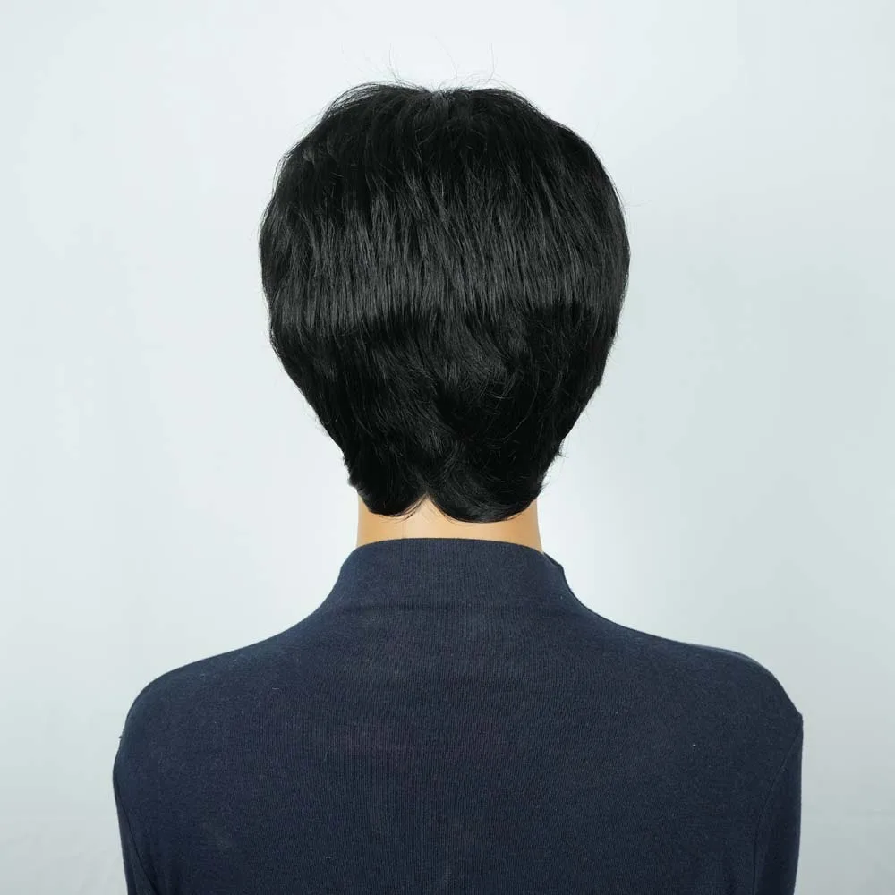 黒人女性用ショートピクシーカットウィッグ レミー人毛ストレート ブラックミックスピンクカラー レイヤードピクシー マシンメイドウィッグ 前髪付き