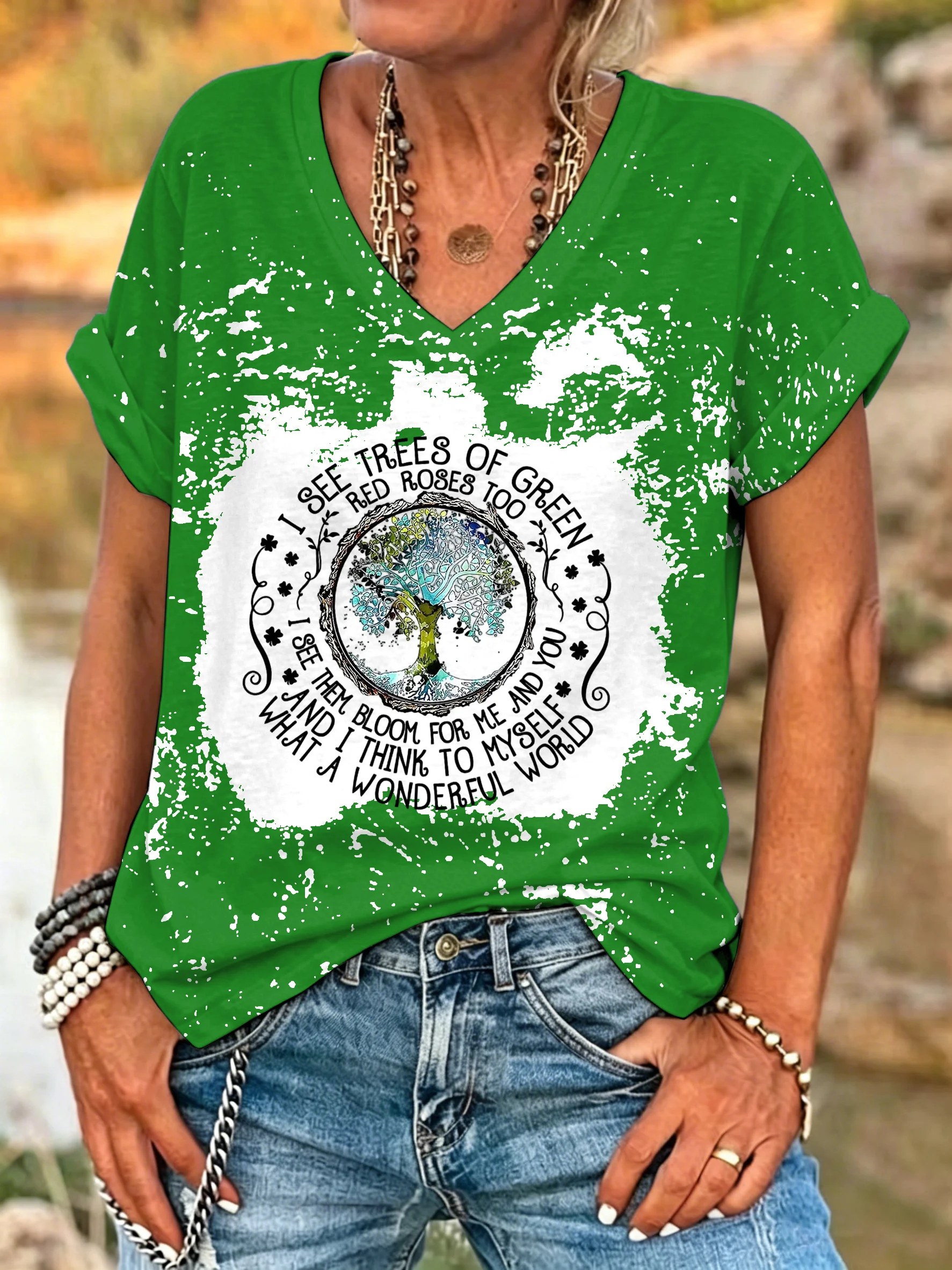ilstile Women's What A Wonderful World Life Tree Bleached T-Shirt Boho Hippie Print V-Neck Short Sleeve Loose Casual Top