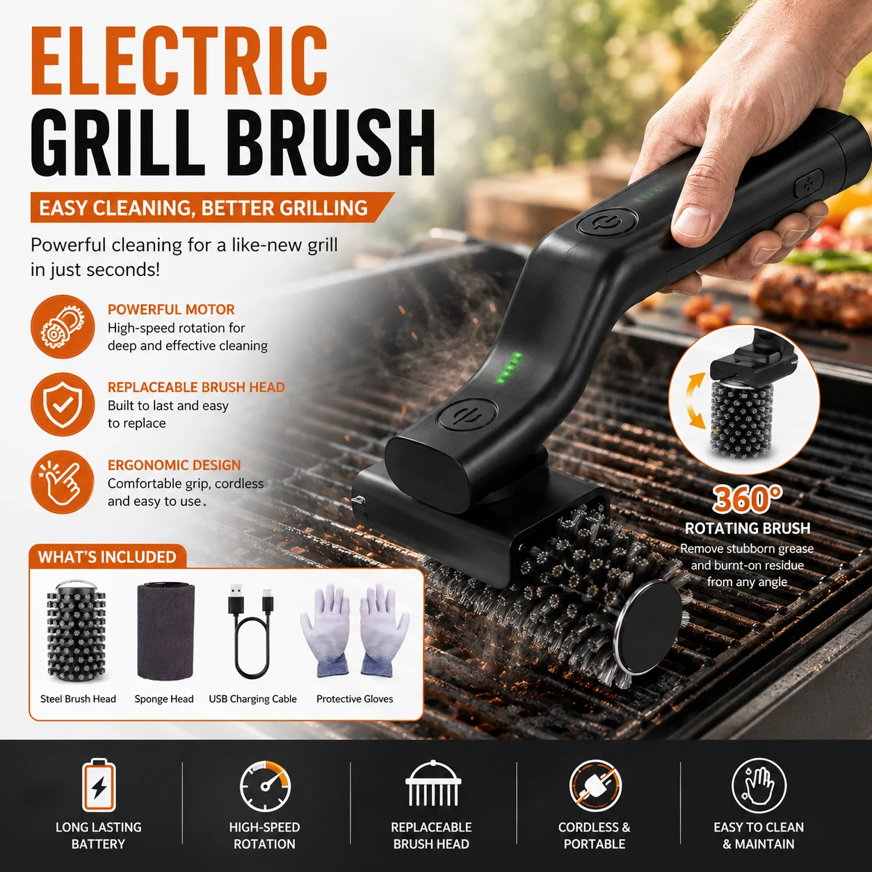 Cordless Rechargeable Electric Grill Brush Heavy Duty BBQ Grate Scrubber Cleaning Tool for Iron Gas Charcoal Grills