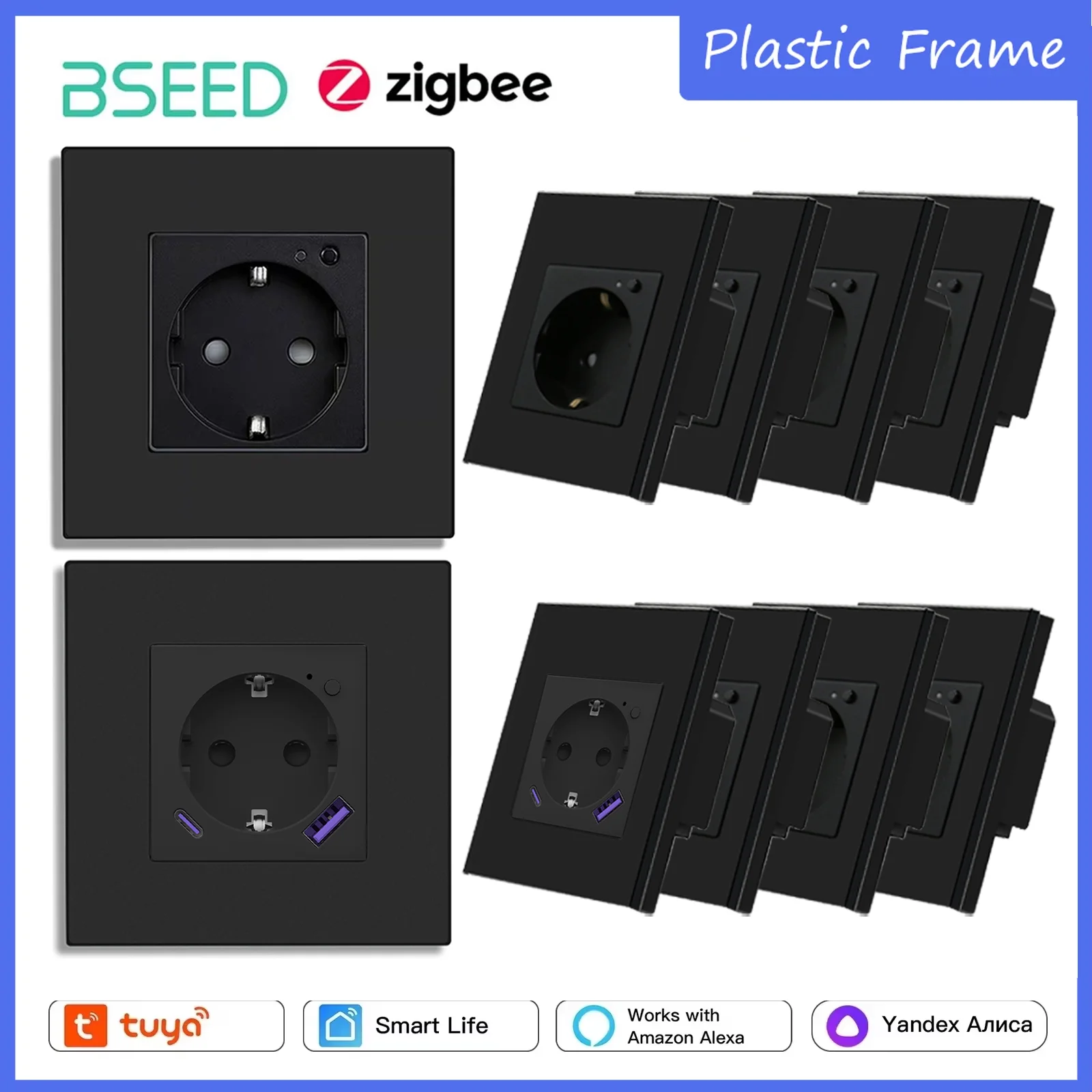 

BSEED Zigbee Wall EU Socket Tuya Smart Socket With 20W Type-c USB Power Charging Ports Plastic Matte Frame 1/2/3/4/5/6 Packs