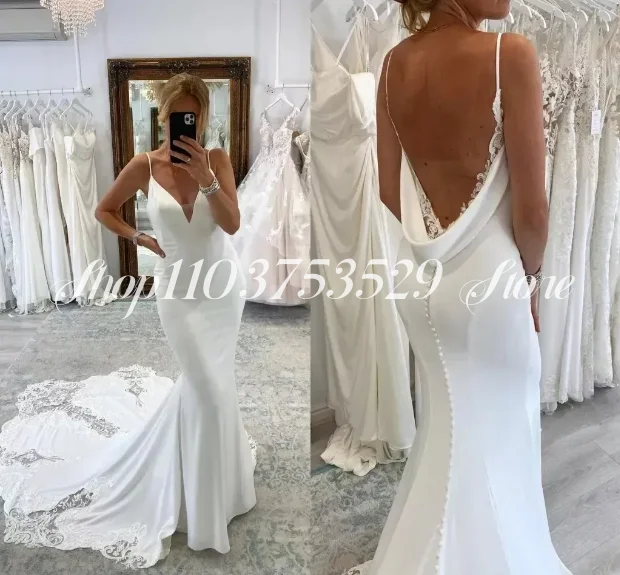 Sexy V-Neck Bridal Gowns 2025 White Backless Fashion Satin Spaghetti Straps Mermaid Long Chapel Train Custom свадебное платье